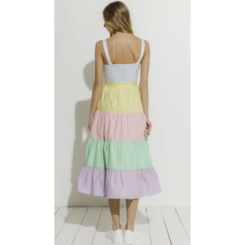 English Factory Pastel Color Block Tiered Midi Dress Sleeveless Size Medium - Picture 13 of 16